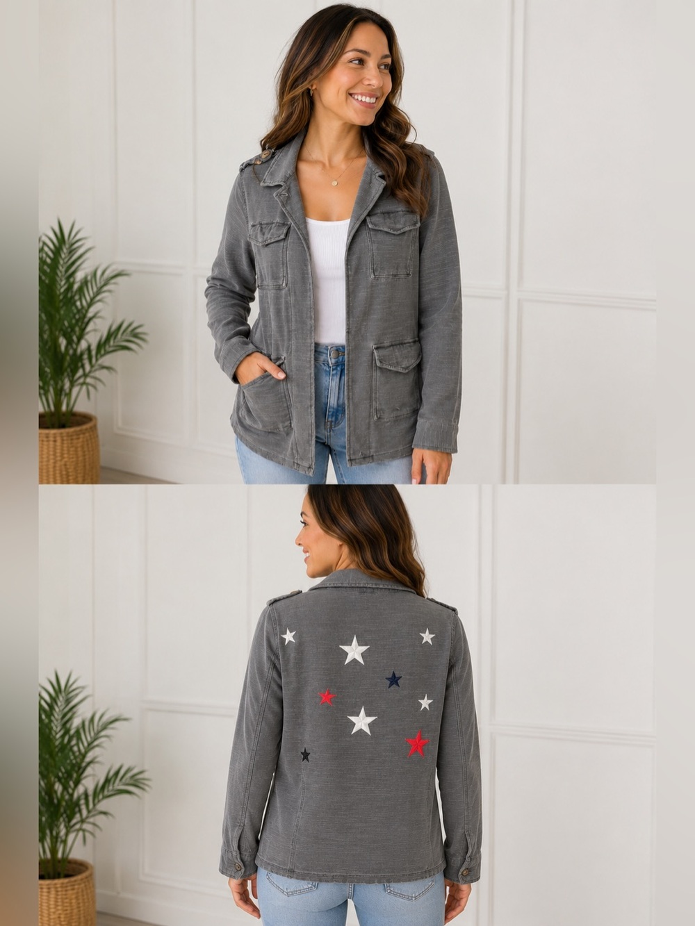 Sundry Gray Star Embroidered Utility Jacket Military Cotton Shacket Size Large